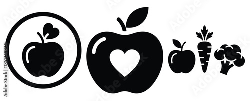 Black silhouette healthy food awareness modern vector icon set on transparent background