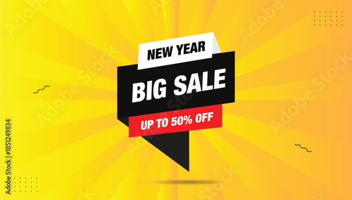 New year big sale up to 50% off banner editable eps format banner editable template design with black white red shapes yellow orange gradient background