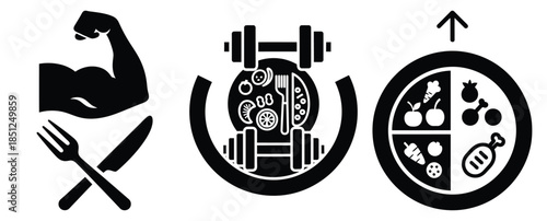 Black silhouette healthy food discipline modern vector icon set on transparent background