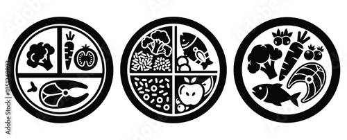 Black silhouette healthy food plate modern vector icon set on transparent background
