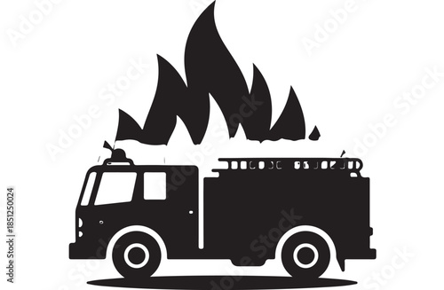 Fire Truck Silhouette with Flames in Simple Vector Art on White Background for Emergency Services