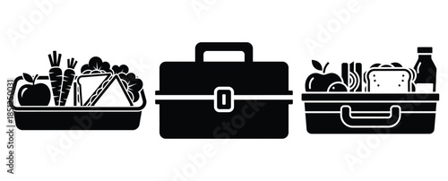 Black silhouette healthy lunch box modern vector icon set on transparent background