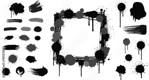 Grunge stencil frames with spray painted frame, grunge splatter. Spray stencil frame collection. Blank grunge frames set with aerosol paint texture.