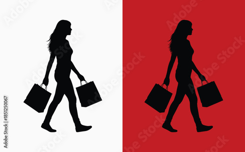 Silhouettes of woman carrying shopping bags on white and red backgrounds