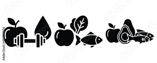 Black silhouette healthy metabolism food modern vector icon set on transparent background