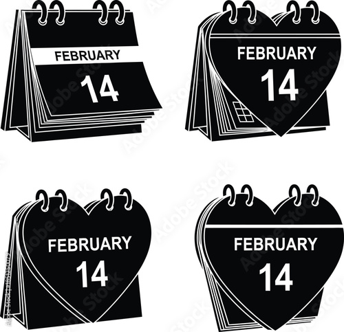 February 14 calendar icon set with heart shape for Valentine’s Day