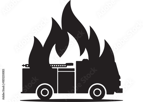 Burning Fire Truck in Dramatic Silhouette with Flames in Black and White Illustration for Emergency Services