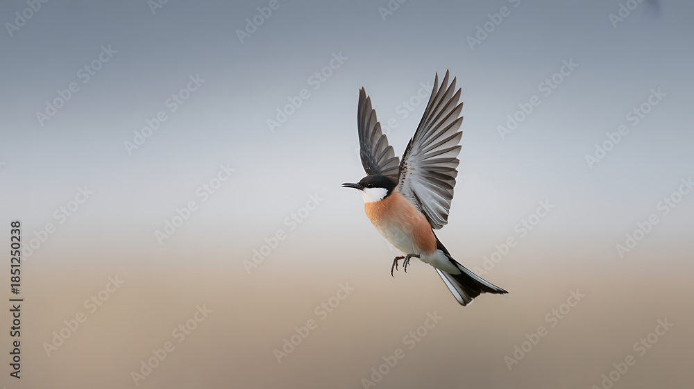 Obraz premium Elegant, ultra clean bird hovering in mid air with open wings against a soft gradient backdrop, showcasing dynamic movement and natural beauty