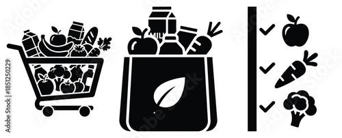 Black silhouette healthy shopping list modern vector icon set on transparent background