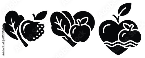 Black silhouette heart healthy diet modern vector icon set on transparent background