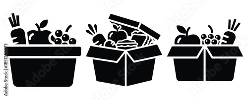 Black silhouette healthy snack box modern vector icon set on transparent background