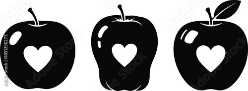 Three black apple silhouettes with heart cutout icon set isolated on white