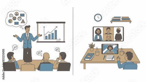 Remote Work Transition Virtual Meeting vs Traditional Lecture Illustration