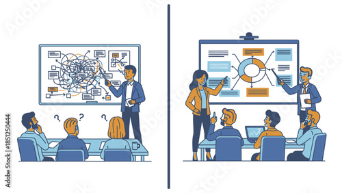 Confusion versus Clarity in Business Strategy Meeting Illustration