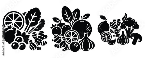 Black silhouette immunity boosting food modern vector icon set on transparent background