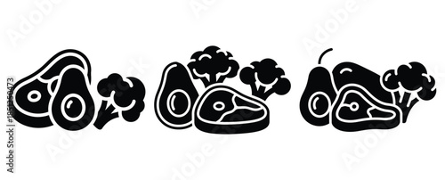 Black silhouette keto diet meal modern vector icon set on transparent background
