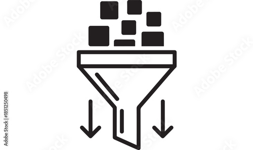 Data filtration process icon with blocks and funnel on transparent background silhouette