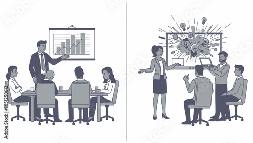 Visual contrast: traditional business presentation versus innovative creative brainstorming session