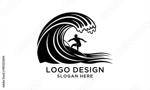 Dynamic Silhouette of a Surfer Riding a Powerful Ocean Wave.