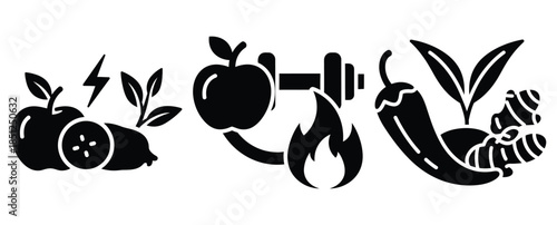 Black silhouette metabolism boost food modern vector icon set on transparent background