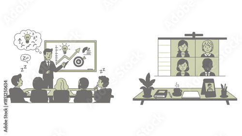 Illustrative depiction of traditional vs remote meetings with graphics