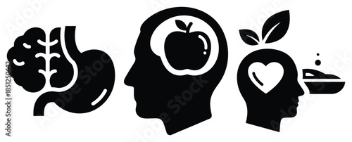 Black silhouette mind body nutrition modern vector icon set on transparent background