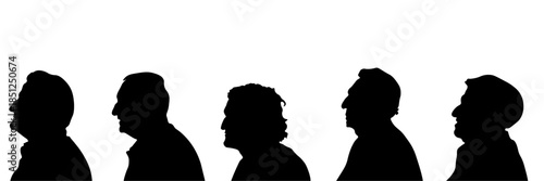 Set of black human head silhouettes in side view representing elderly people and senior men. Anonymous grandfathers profile shapes in minimalist style. Perfect for concepts of aging, retirement,family