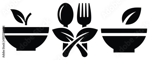 Black silhouette mindful eating symbol modern vector icon set on transparent background