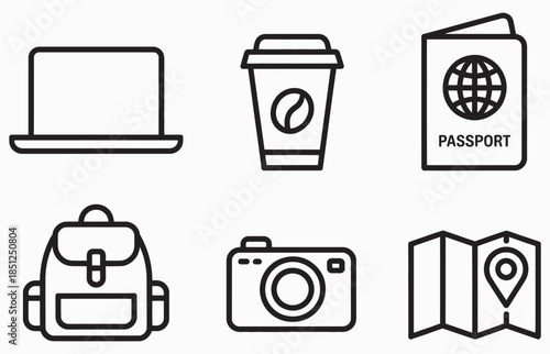 Set of six black line icons representing travel and digital nomad essentials including laptop, coffee, passport, backpack, camera, and map with location pin, modern journey concept, adventure, and rem