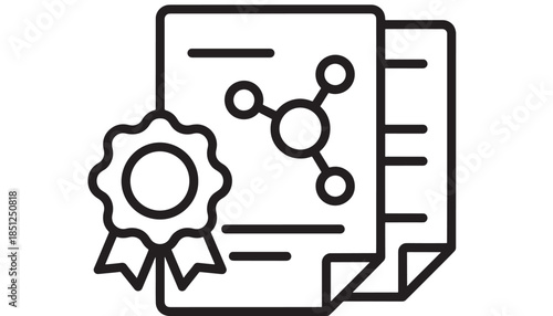Document with certificate elements and connected nodes on transparent background silhouette