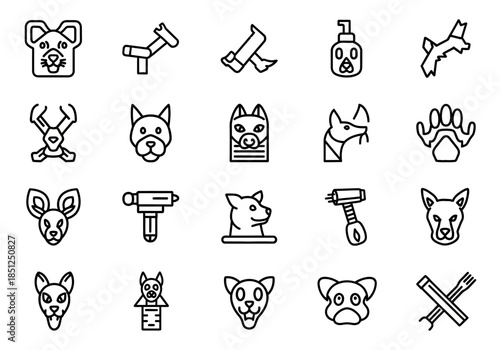 Collection of dog face icons with various tools and objects in a grid layout