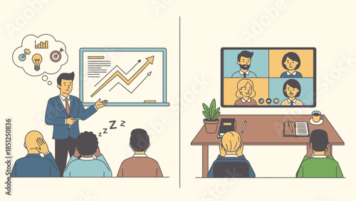 Business Meeting Online vs In Person presentation with graph and audience