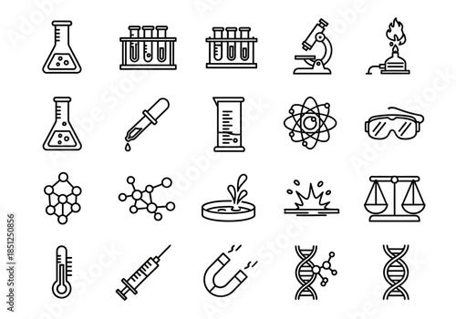 Collection of Simple Scientific Icons Representing Laboratory Equipment and Concepts