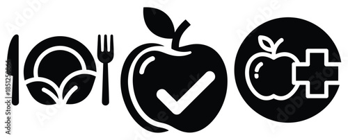 Black silhouette nutrition care program modern vector icon set on transparent background