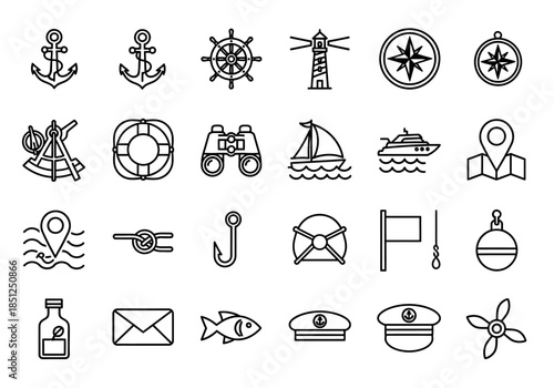 Collection of nautical symbols and icons representing marine navigation and travel on a white background
