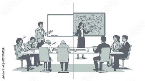 Engagement vs Boredom Business Meeting Cartoon Illustration