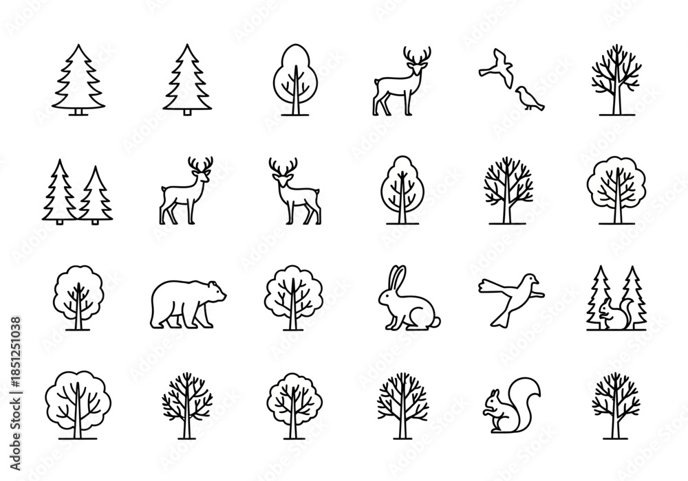 Fototapeta premium Collection of forest animals and trees illustration featuring deer, bear, rabbit, squirrel, and various tree silhouettes