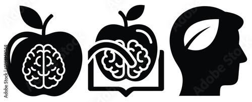 Black silhouette nutrition knowledge symbol modern vector icon set on transparent background