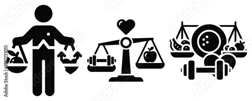 Black silhouette nutrition lifestyle balance modern vector icon set on transparent background