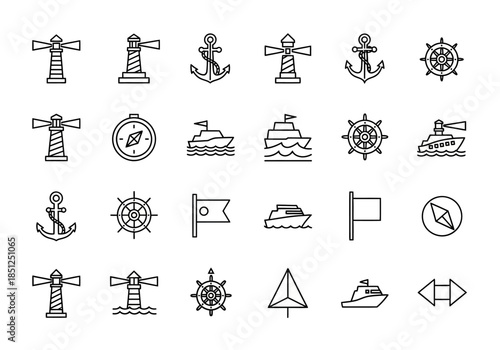 Collection of nautical symbols and icons representing various maritime elements and navigation tools in a minimalist black and white design
