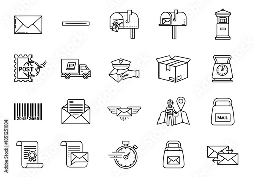 Collection of simple black and white icons representing various mail and communication elements displayed on a clean white background from a straightforward viewpoint
