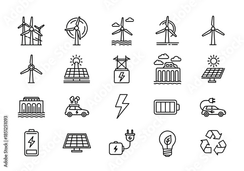 Renewable energy sources icons collection featuring wind turbines, solar panels, and sustainable power generation symbols in a modern line art style