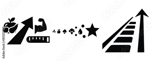 Black silhouette nutrition success path modern vector icon set on transparent background