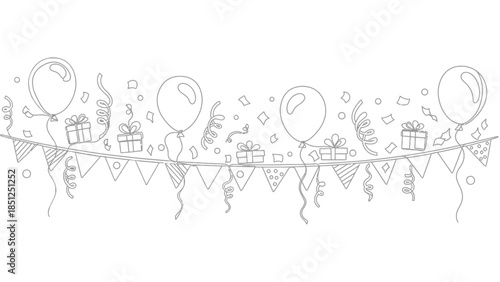 Hand drawn party decorations border with balloons, gifts, confetti, streamers, and banner elements