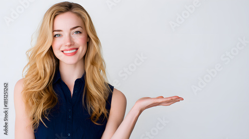 Wallpaper Mural Young Blond Woman in Dark Blue Presenting with Smile Torontodigital.ca