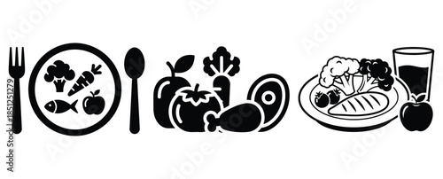 Black silhouette nutritious food selection modern vector icon set on transparent background