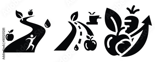 Black silhouette nutrition wellness journey modern vector icon set on transparent background