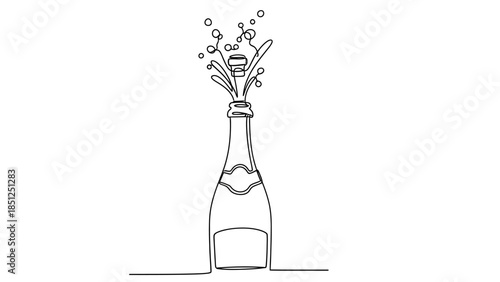 Continuous Line Drawing of Champagne Bottle Popping Cork with Bubbles