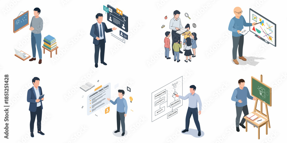 Obraz premium Isometric Illustration Set of Teacher Explaining Lessons to Students Collection