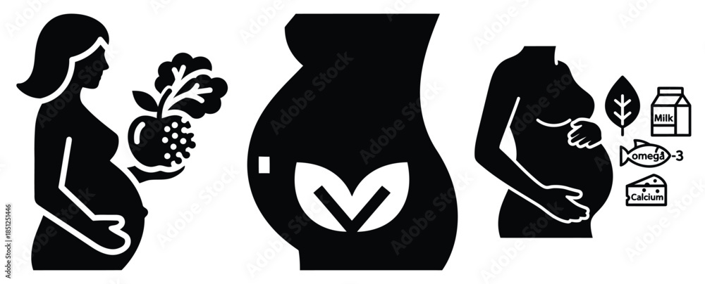 Obraz premium Black silhouette prenatal nutrition icon modern vector icon set on transparent background